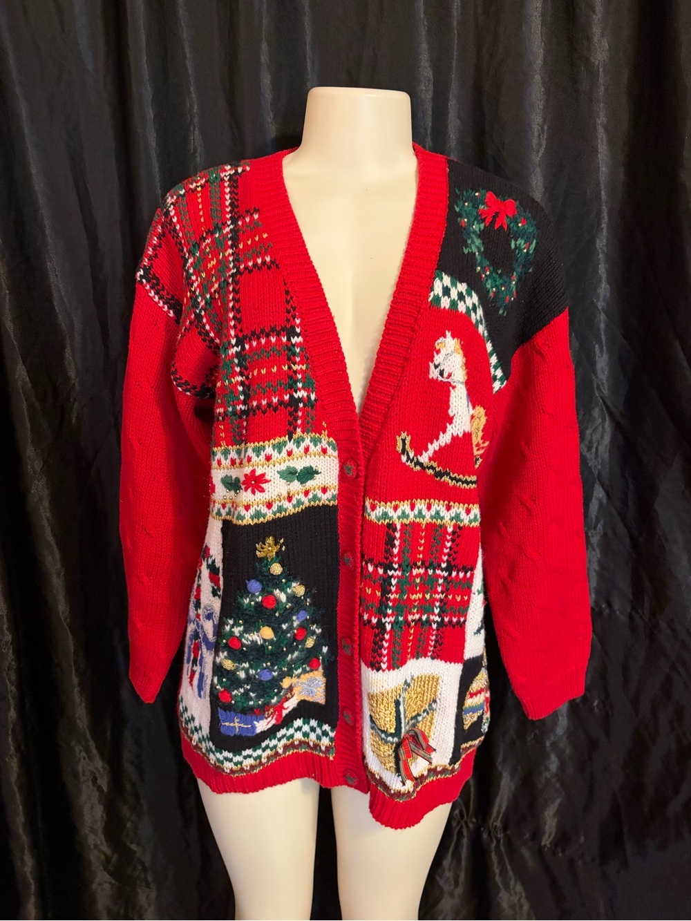 Festive Red Patchwork Holiday Cardigan Sweater